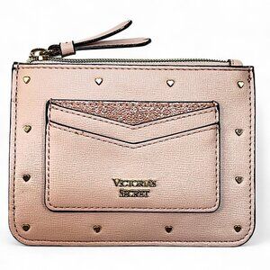 Victoria Secret Rose Zip Cardcase/Key Chain Gold Heart Studded Logo Coin Pocket